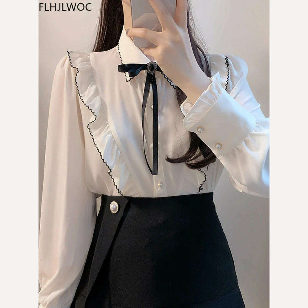 2022 Woman Cute Sweet Girls Thin Semi Transparent Ribbon Bow Tie Retro Vintalge Top Blusas Purple Green White Button Shirts - KIMLUD