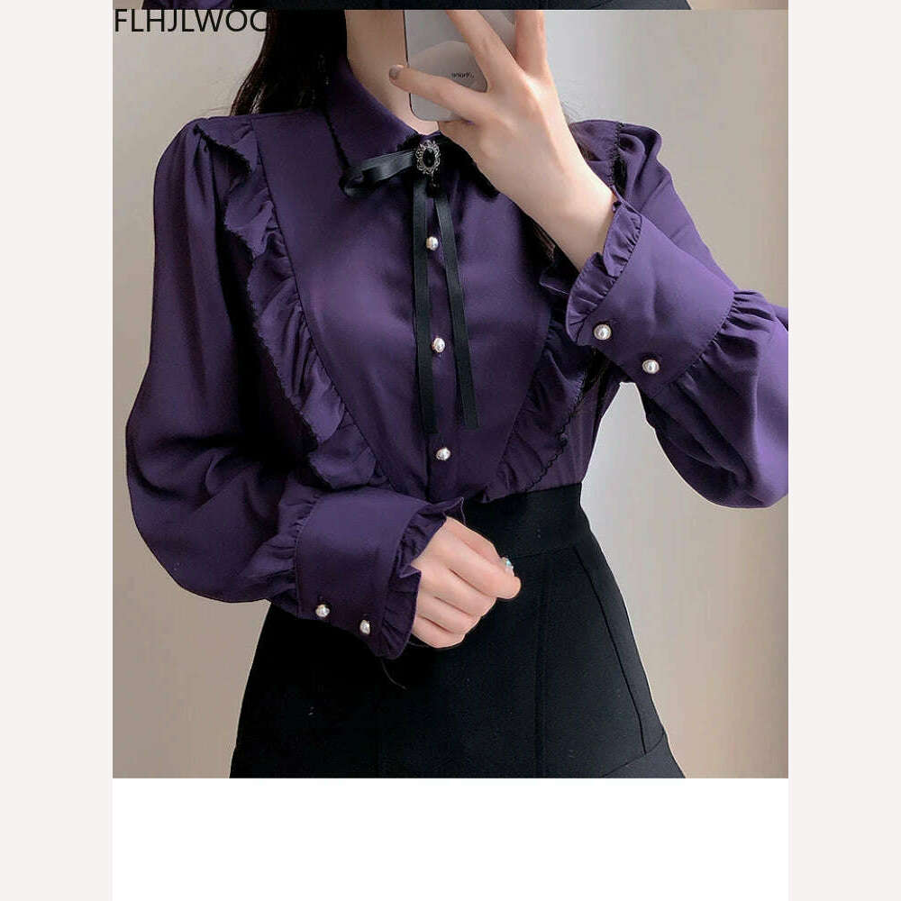 2022 Woman Cute Sweet Girls Thin Semi Transparent Ribbon Bow Tie Retro Vintalge Top Blusas Purple Green White Button Shirts - KIMLUD