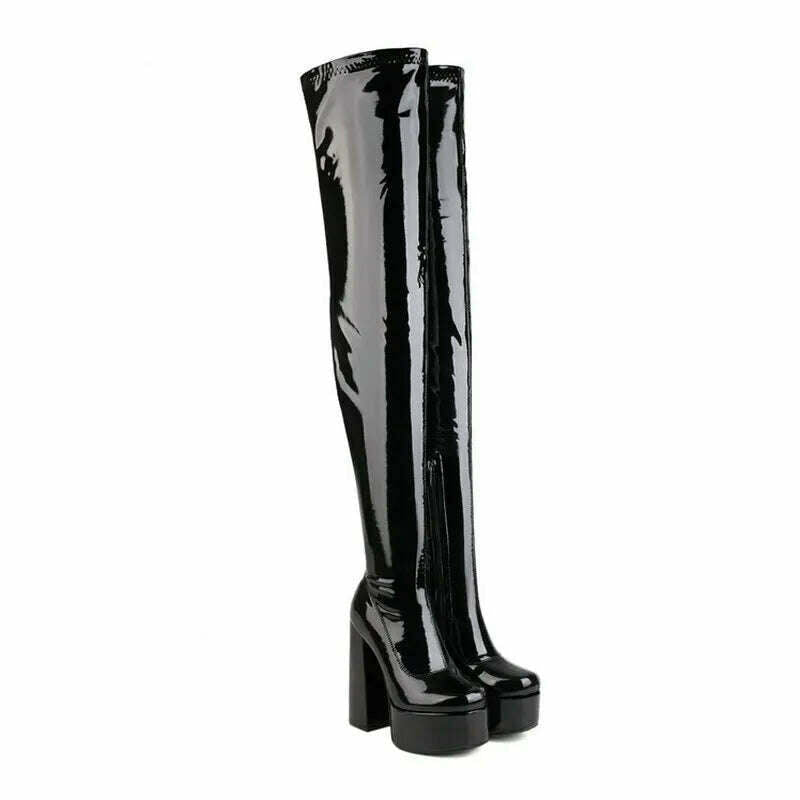 KIMLUD, 2022 Women Over the Knee Boots Platform Square High Heel Ladies Long Boots PU Leather Round Toe Zipper Party Women's Shoes Black, KIMLUD Womens Clothes