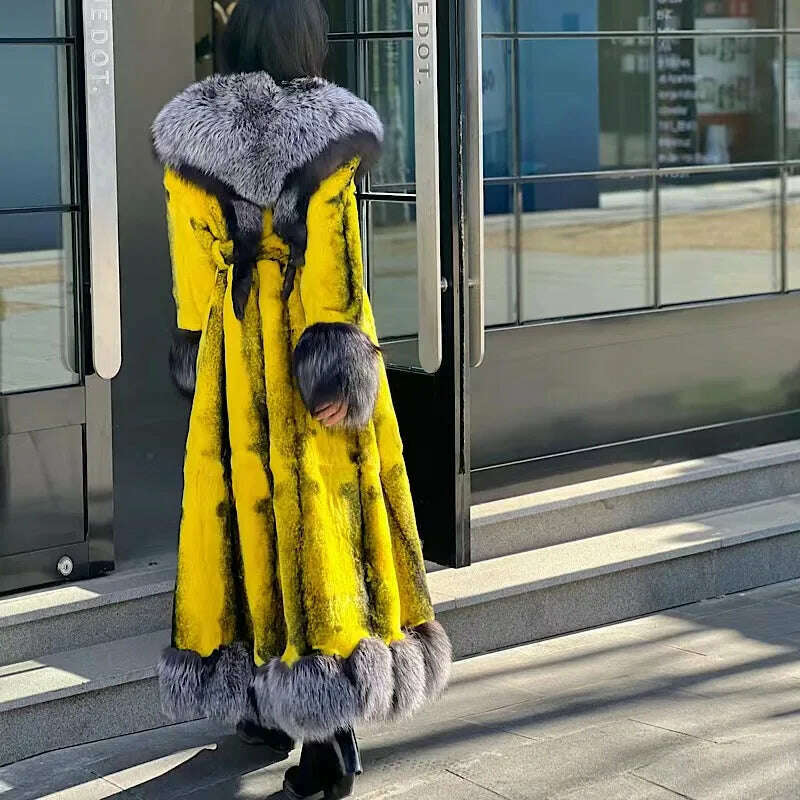 KIMLUD, 2022Women Real Rex Rabbit Fur Coats With Fox Lapel Collar Natural Whole Skin Genuine Rex Rabbit Fur Long Jackets Overcoat Luxury, KIMLUD Womens Clothes