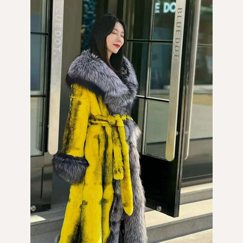 KIMLUD, 2022Women Real Rex Rabbit Fur Coats With Fox Lapel Collar Natural Whole Skin Genuine Rex Rabbit Fur Long Jackets Overcoat Luxury, KIMLUD Womens Clothes