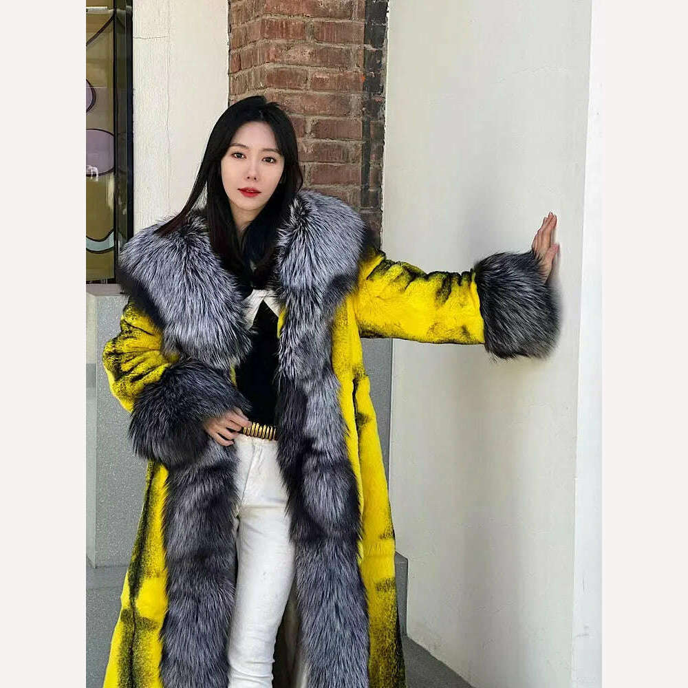 KIMLUD, 2022Women Real Rex Rabbit Fur Coats With Fox Lapel Collar Natural Whole Skin Genuine Rex Rabbit Fur Long Jackets Overcoat Luxury, KIMLUD Womens Clothes