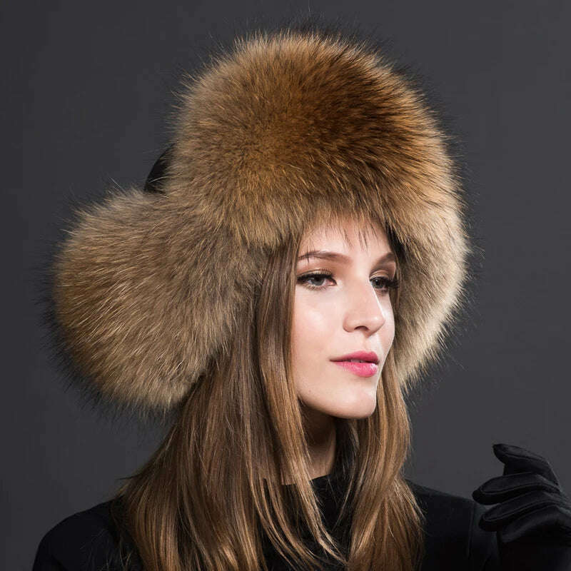 2023 100% Real Fox Fur Hats Women's Russian Ushanka Aviator Trapper Snow Skiing Hat Caps Earflap Winter Raccoon Fur Bomber Hat - KIMLUD