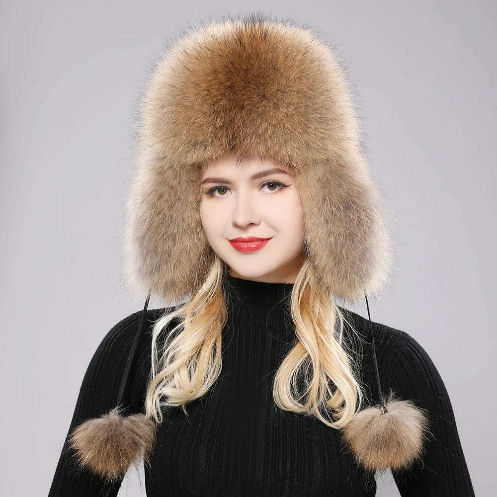 KIMLUD, 2023 100% Real Fox Fur Hats Women's Russian Ushanka Aviator Trapper Snow Skiing Hat Caps Earflap Winter Raccoon Fur Bomber Hat, KIMLUD Womens Clothes