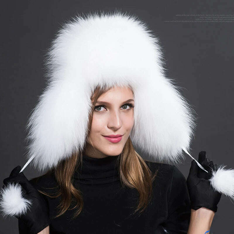 2023 100% Real Fox Fur Hats Women's Russian Ushanka Aviator Trapper Snow Skiing Hat Caps Earflap Winter Raccoon Fur Bomber Hat - KIMLUD