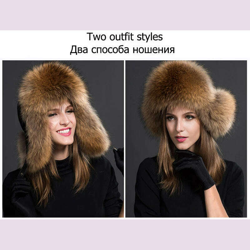 KIMLUD, 2023 100% Real Fox Fur Hats Women's Russian Ushanka Aviator Trapper Snow Skiing Hat Caps Earflap Winter Raccoon Fur Bomber Hat, KIMLUD Womens Clothes