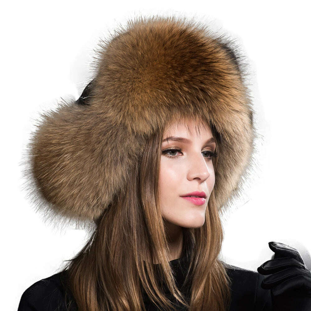 2023 100% Real Fox Fur Hats Women's Russian Ushanka Aviator Trapper Snow Skiing Hat Caps Earflap Winter Raccoon Fur Bomber Hat - KIMLUD