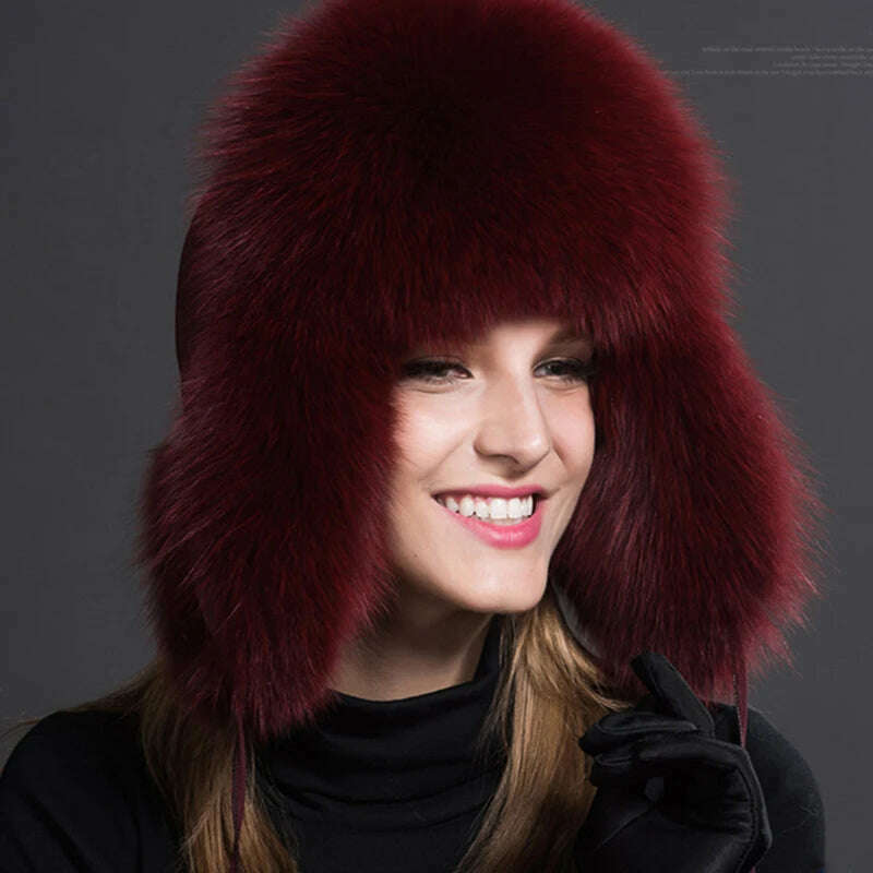 KIMLUD, 2023 100% Real Fox Fur Hats Women's Russian Ushanka Aviator Trapper Snow Skiing Hat Caps Earflap Winter Raccoon Fur Bomber Hat, wine red / One Size, KIMLUD APPAREL - Womens Clothes