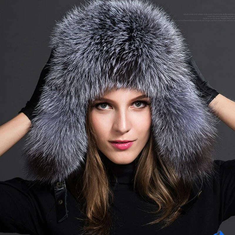 KIMLUD, 2023 100% Real Fox Fur Hats Women's Russian Ushanka Aviator Trapper Snow Skiing Hat Caps Earflap Winter Raccoon Fur Bomber Hat, sliver fox / One Size, KIMLUD APPAREL - Womens Clothes