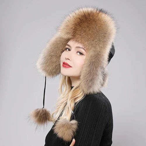 KIMLUD, 2023 100% Real Fox Fur Hats Women's Russian Ushanka Aviator Trapper Snow Skiing Hat Caps Earflap Winter Raccoon Fur Bomber Hat, raccoon fur / One Size, KIMLUD APPAREL - Womens Clothes