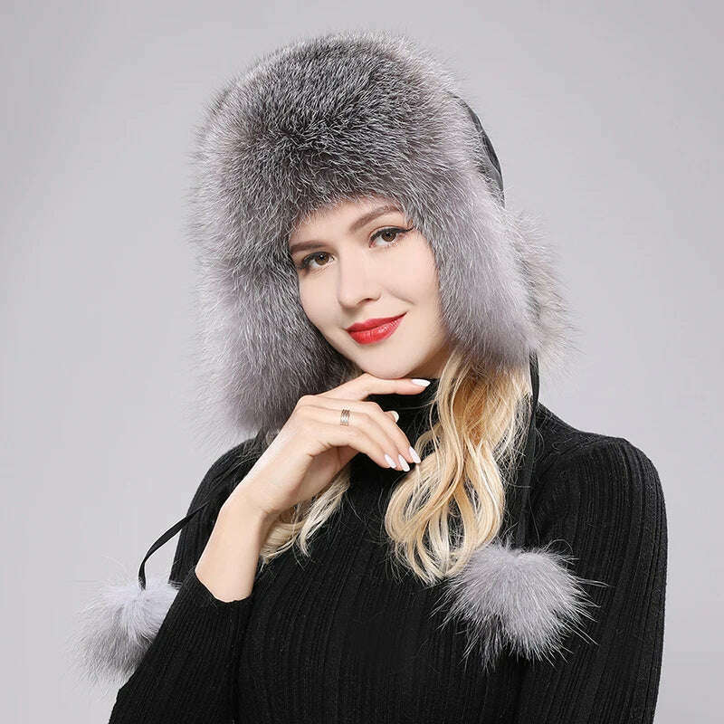 KIMLUD, 2023 100% Real Fox Fur Hats Women's Russian Ushanka Aviator Trapper Snow Skiing Hat Caps Earflap Winter Raccoon Fur Bomber Hat, sliver blue / One Size, KIMLUD APPAREL - Womens Clothes