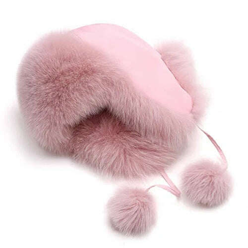 2023 100% Real Fox Fur Hats Women's Russian Ushanka Aviator Trapper Snow Skiing Hat Caps Earflap Winter Raccoon Fur Bomber Hat - KIMLUD