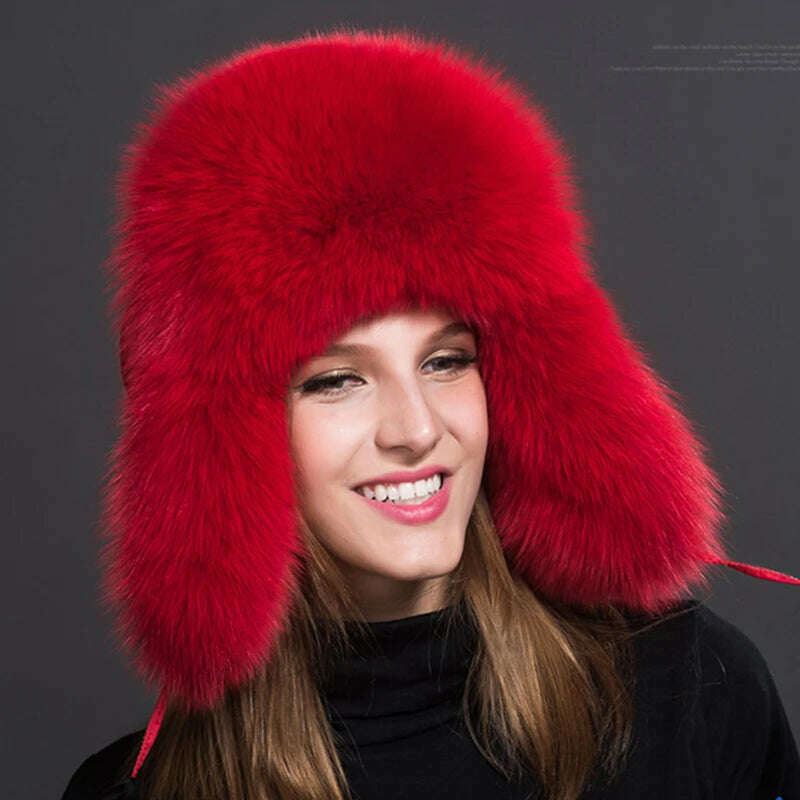 2023 100% Real Fox Fur Hats Women's Russian Ushanka Aviator Trapper Snow Skiing Hat Caps Earflap Winter Raccoon Fur Bomber Hat - KIMLUD