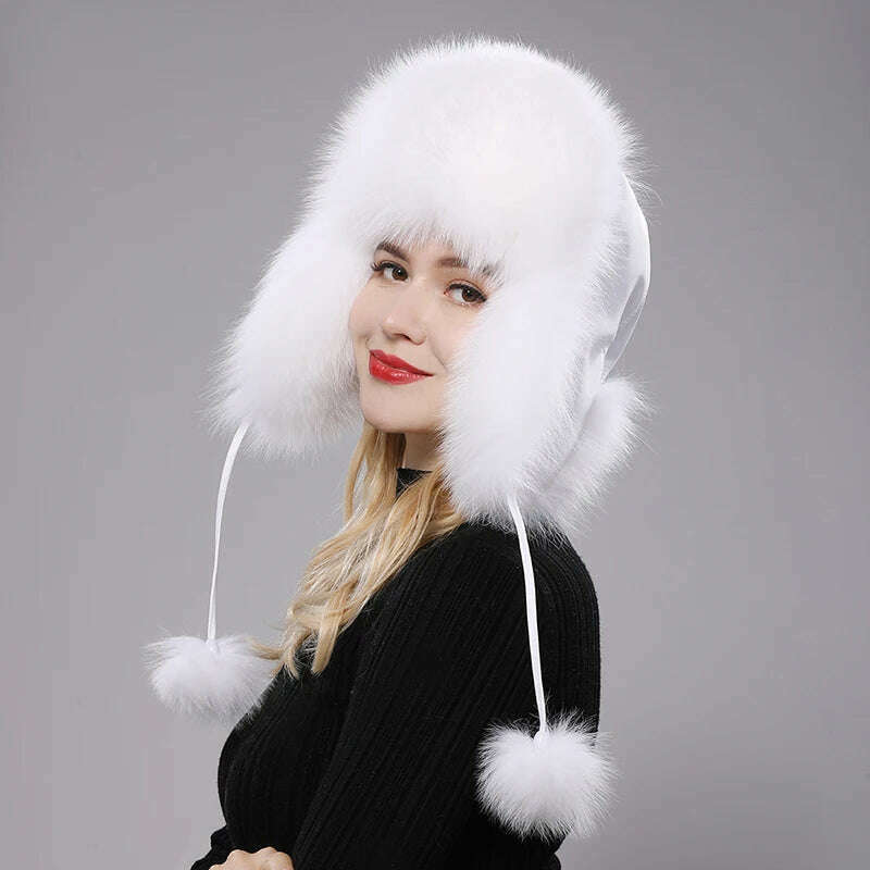 KIMLUD, 2023 100% Real Fox Fur Hats Women's Russian Ushanka Aviator Trapper Snow Skiing Hat Caps Earflap Winter Raccoon Fur Bomber Hat, white / One Size, KIMLUD APPAREL - Womens Clothes