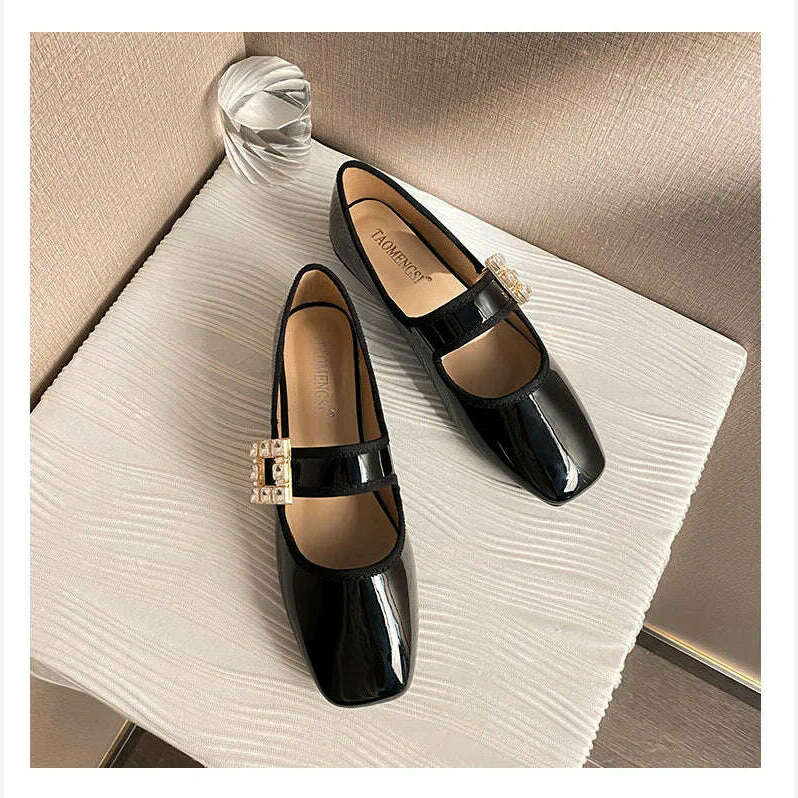 KIMLUD, 2023 Autumn and Winter New Fashion Square Head Rhinestone Square Buckle Flat Bottom Mary Jane Women's Shoes, KIMLUD Womens Clothes