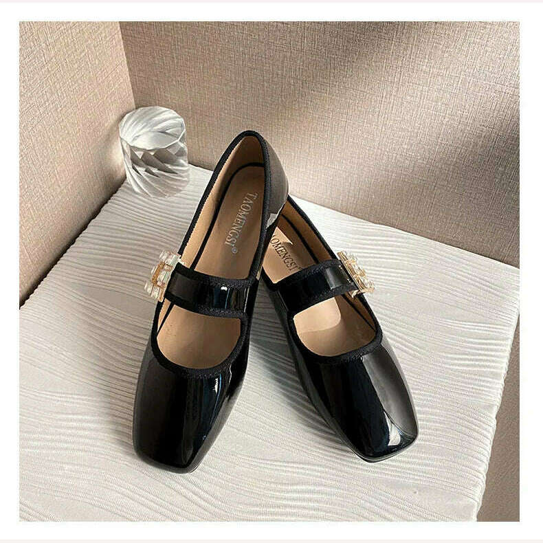 KIMLUD, 2023 Autumn and Winter New Fashion Square Head Rhinestone Square Buckle Flat Bottom Mary Jane Women's Shoes, KIMLUD Womens Clothes