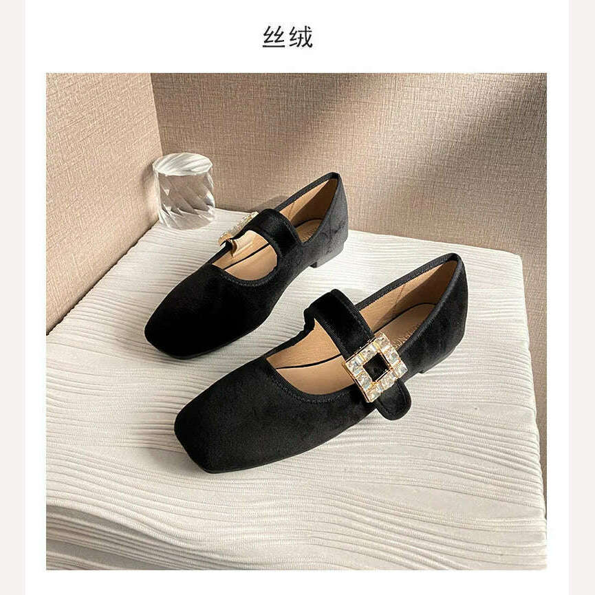 KIMLUD, 2023 Autumn and Winter New Fashion Square Head Rhinestone Square Buckle Flat Bottom Mary Jane Women's Shoes, KIMLUD Womens Clothes