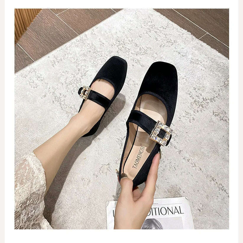 KIMLUD, 2023 Autumn and Winter New Fashion Square Head Rhinestone Square Buckle Flat Bottom Mary Jane Women's Shoes, KIMLUD Womens Clothes