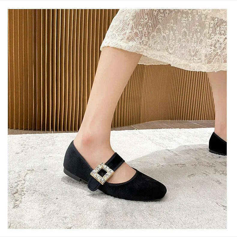 KIMLUD, 2023 Autumn and Winter New Fashion Square Head Rhinestone Square Buckle Flat Bottom Mary Jane Women's Shoes, KIMLUD Womens Clothes