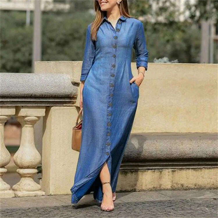 2023 Autumn Elegant Women's Denim Dress Long Sleeve Buttons Shirt Long Dress Female Fashion New Elegant Casual Ladies Clothes - KIMLUD