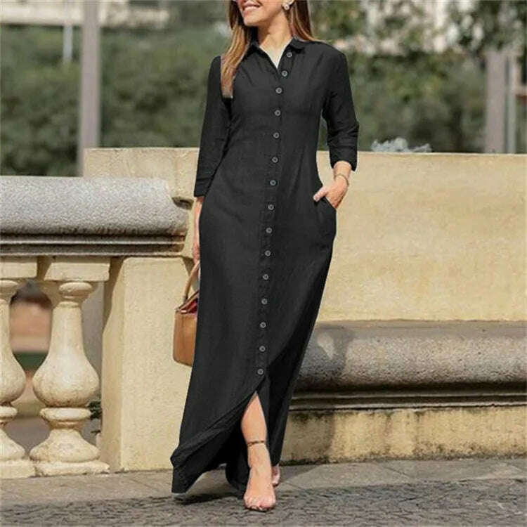 KIMLUD, 2023 Autumn Elegant Women's Denim Dress Long Sleeve Buttons Shirt Long Dress Female Fashion New Elegant Casual Ladies Clothes, KIMLUD Womens Clothes