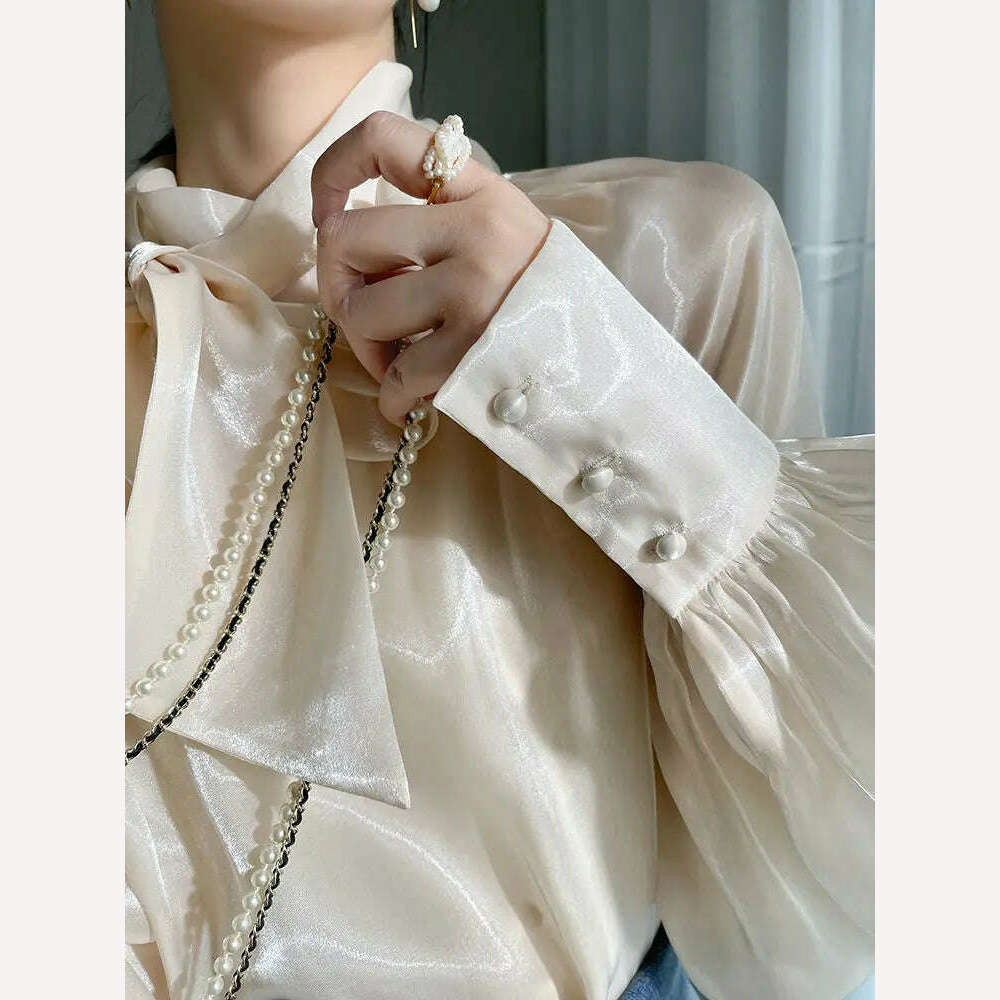 2023 Autumn Vintage Satin Silk Shirt Women Fashion Blouse Elegant Turn Down Collar Female Blouse White Long Sleeve Shirts Tops - KIMLUD