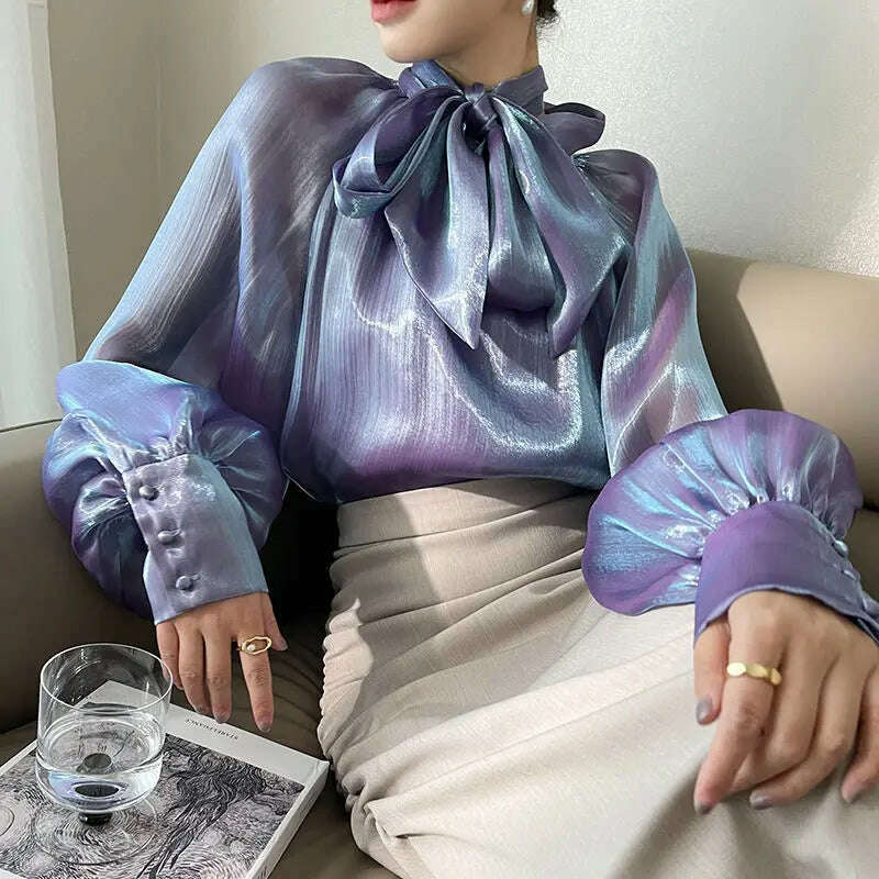 2023 Autumn Vintage Satin Silk Shirt Women Fashion Blouse Elegant Turn Down Collar Female Blouse White Long Sleeve Shirts Tops - KIMLUD