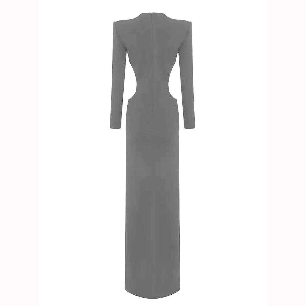 KIMLUD, 2023 Autumn Winter Black Sexy Women'S Long Sleeved V Neck Hollow Out Crystal Bandage Long Dress Bodycon Celebrity Party Dresses, KIMLUD Womens Clothes