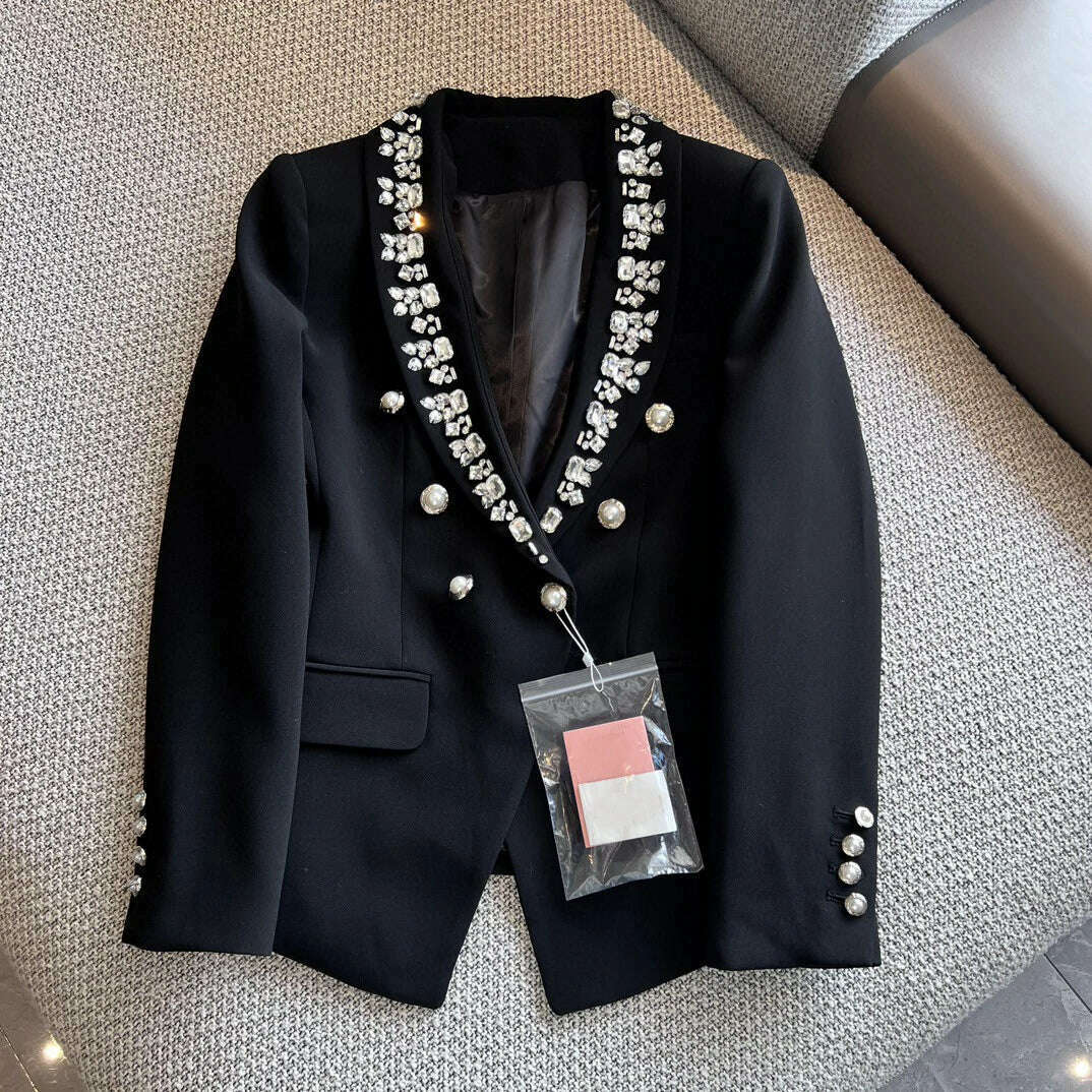 KIMLUD, 2023 Autumn Winter Luxury New Women High Quality Diamonds Double Breasted Blazer Coat for Lady Ddxgz2v 11.04, black / S, KIMLUD Womens Clothes