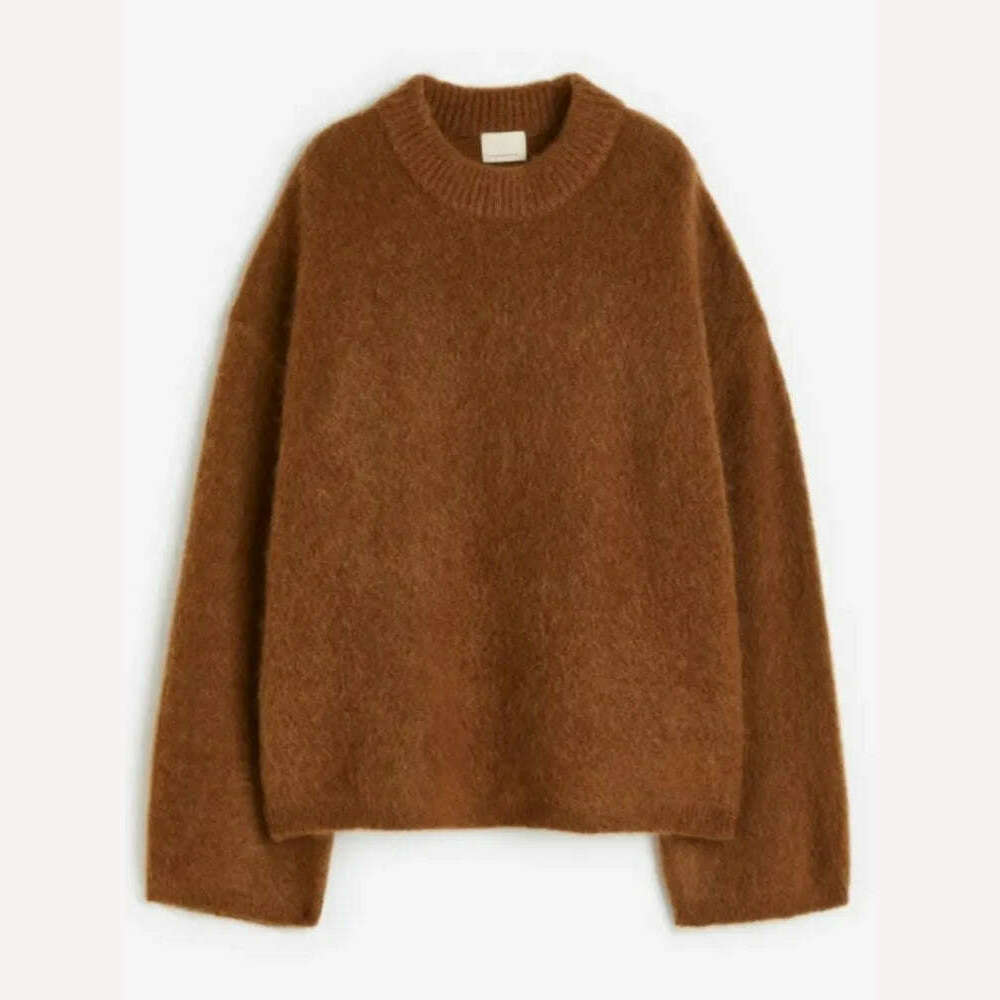 KIMLUD, 2023 Autumn Women Solid Warm Sweater Pullover Casual Loose O Neck Long Sleeve Knit Tops Ladies Oversize High Street Knitwear, brown / XS, KIMLUD Womens Clothes