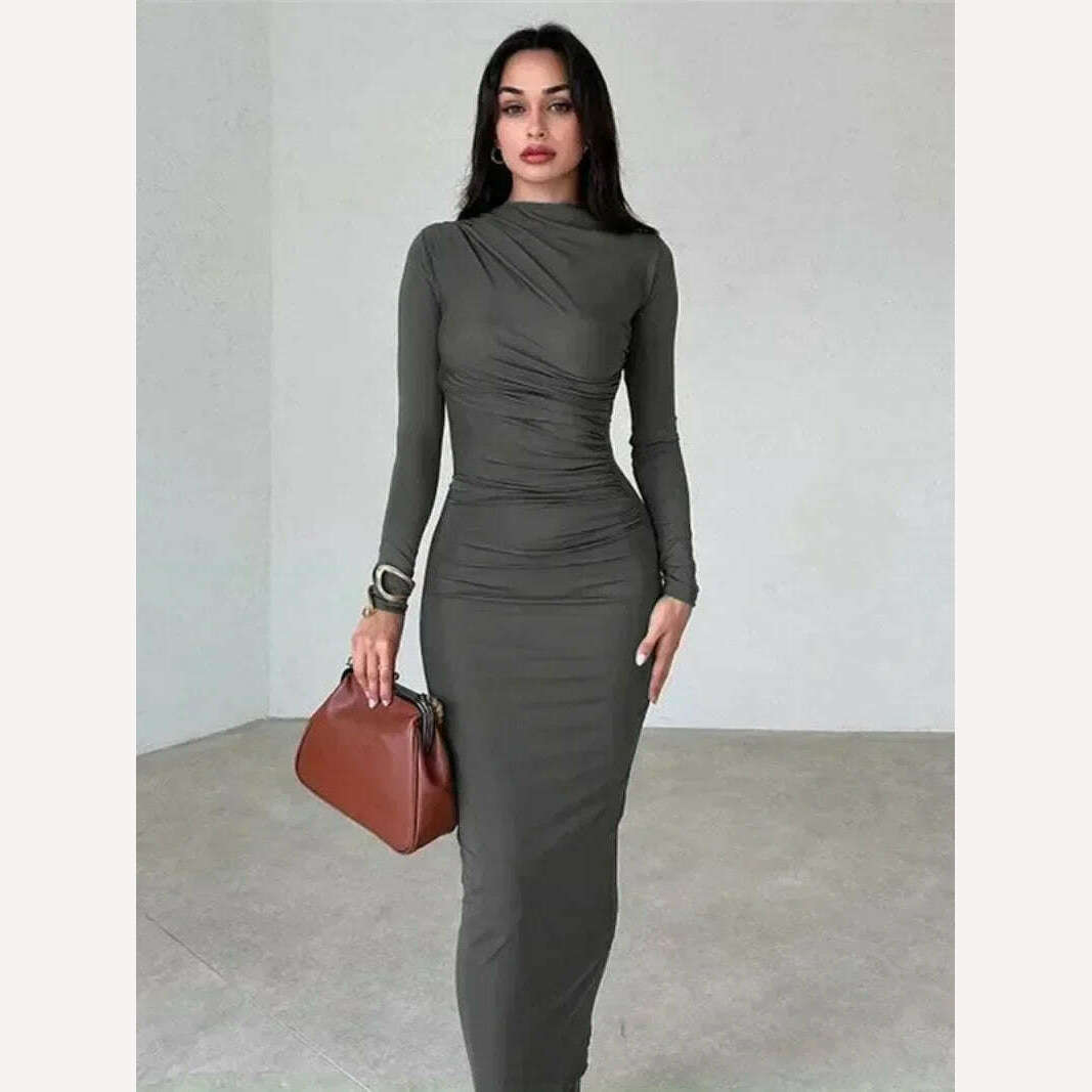 KIMLUD, 2023 Autumn Women's O-neck High Waist Folds Long Dress Streetwear Winter Office Lady Solid Tunics Bodycon Evening Party Dresses, Dark Gray / S, KIMLUD Womens Clothes