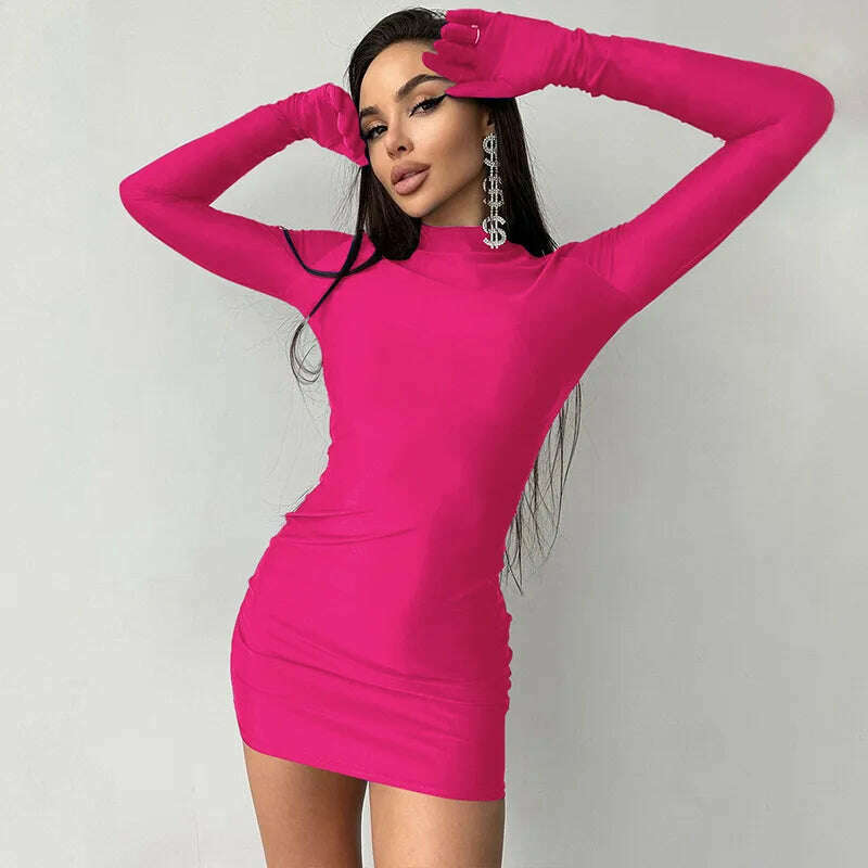 KIMLUD, 2023 Autumn Women's Sexy Solid Color Long Sleeve Gloves Party Dress Fashion Ladies Bodycon Package Hip Night Club Short Dresses, KIMLUD Womens Clothes