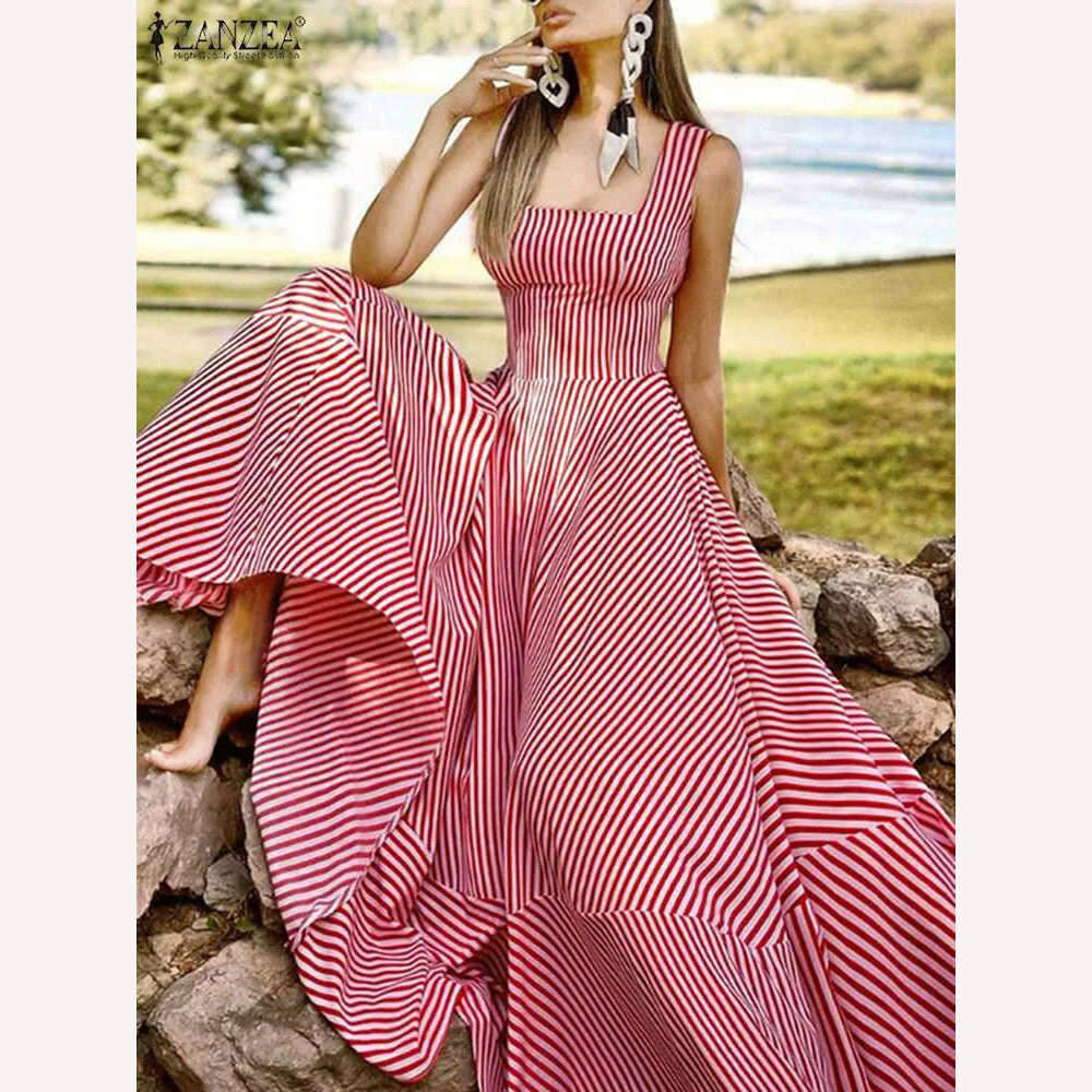 2023 Bohemian Holiday Sundress ZANZEA Summer Elegant Maxi Dress Women Chic Striped Robe Longue Beach Party Sleeveless Dress - KIMLUD