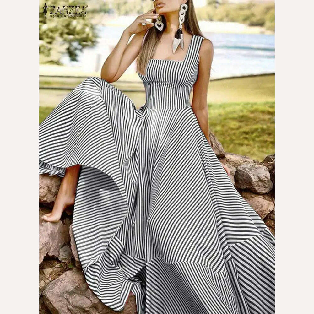 KIMLUD, 2023 Bohemian Holiday Sundress ZANZEA Summer Elegant Maxi Dress Women Chic Striped Robe Longue Beach Party Sleeveless Dress, KIMLUD Womens Clothes