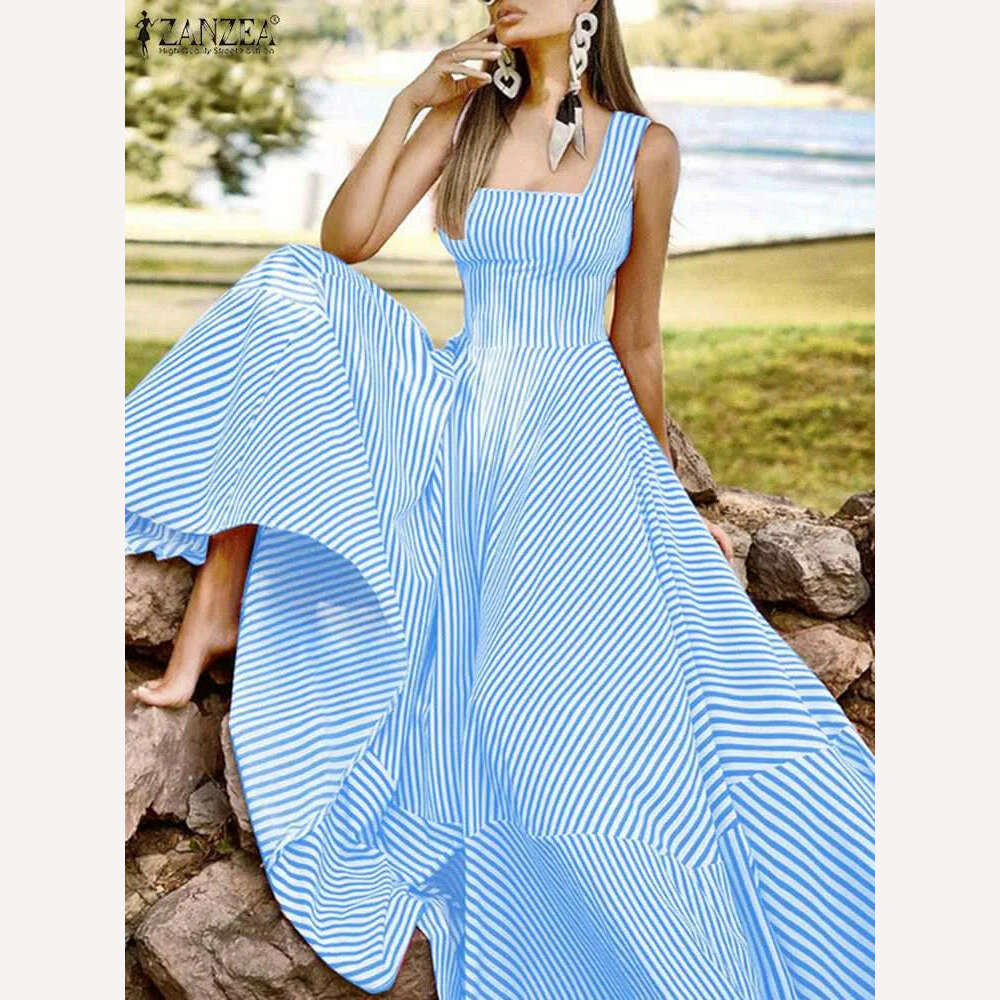 2023 Bohemian Holiday Sundress ZANZEA Summer Elegant Maxi Dress Women Chic Striped Robe Longue Beach Party Sleeveless Dress - KIMLUD