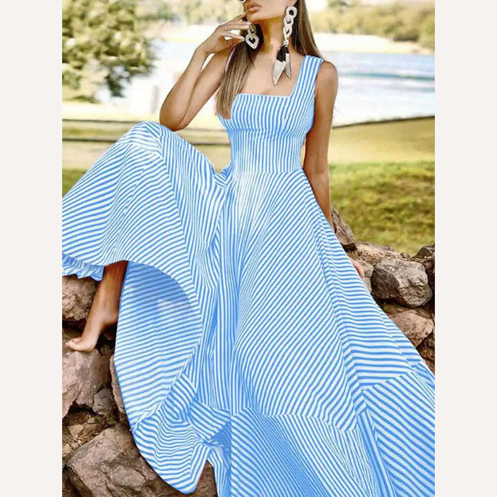 KIMLUD, 2023 Bohemian Holiday Sundress ZANZEA Summer Elegant Maxi Dress Women Chic Striped Robe Longue Beach Party Sleeveless Dress, Blue / S, KIMLUD Womens Clothes