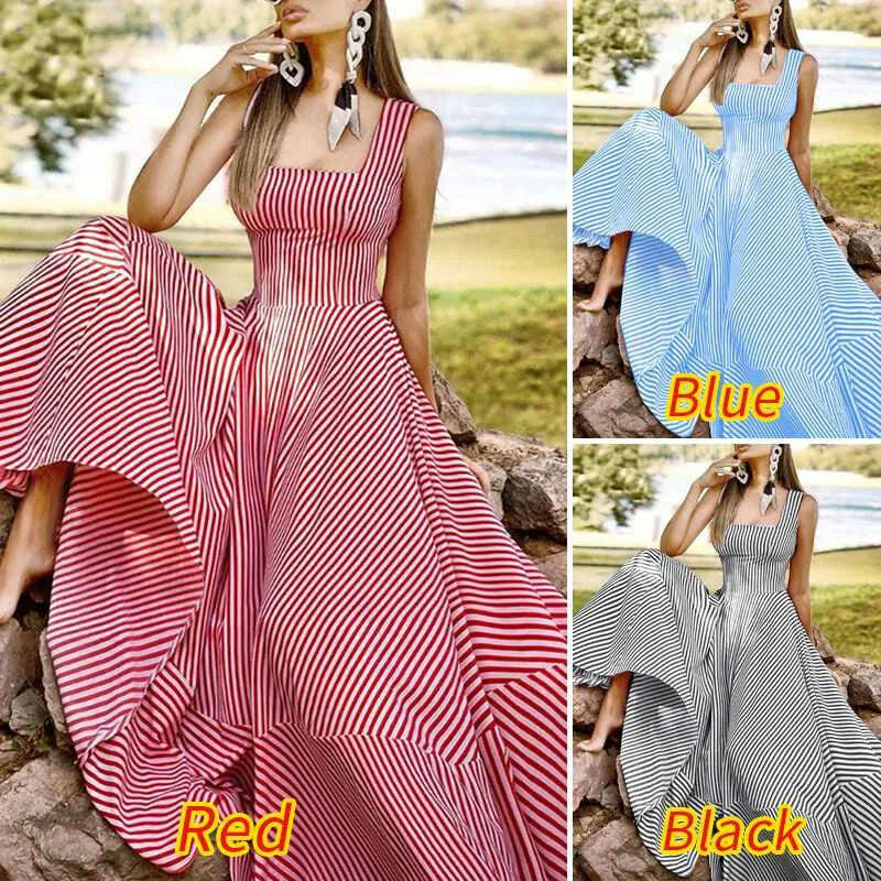 2023 Bohemian Holiday Sundress ZANZEA Summer Elegant Maxi Dress Women Chic Striped Robe Longue Beach Party Sleeveless Dress - KIMLUD