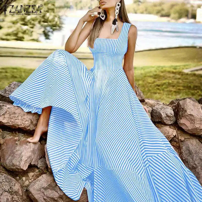 2023 Bohemian Holiday Sundress ZANZEA Summer Elegant Maxi Dress Women Chic Striped Robe Longue Beach Party Sleeveless Dress - KIMLUD