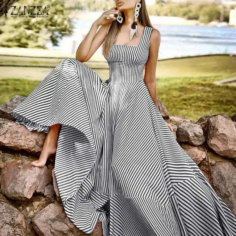 KIMLUD, 2023 Bohemian Holiday Sundress ZANZEA Summer Elegant Maxi Dress Women Chic Striped Robe Longue Beach Party Sleeveless Dress, KIMLUD Womens Clothes