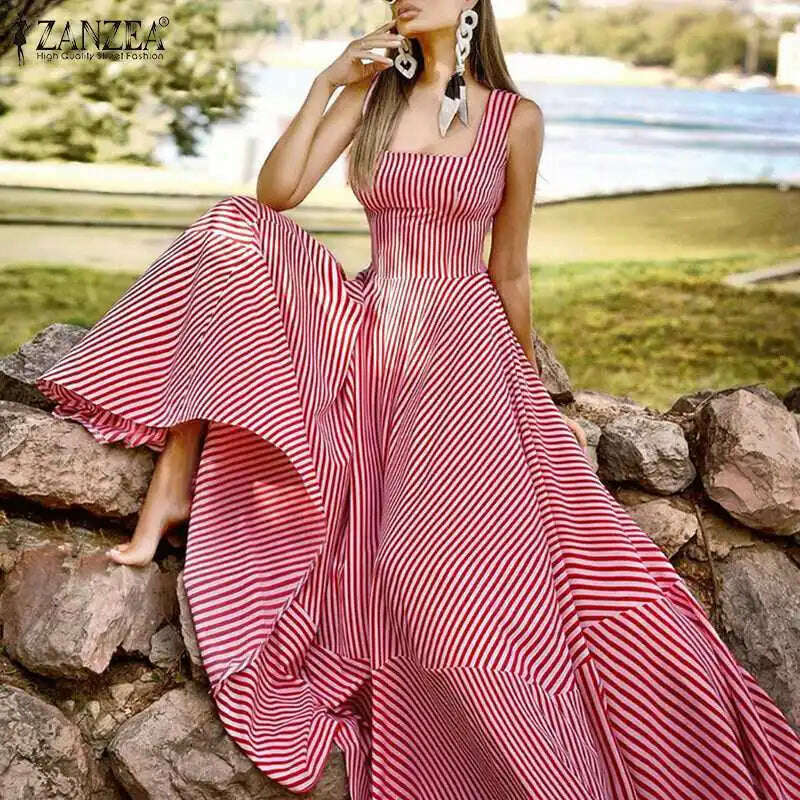 2023 Bohemian Holiday Sundress ZANZEA Summer Elegant Maxi Dress Women Chic Striped Robe Longue Beach Party Sleeveless Dress - KIMLUD