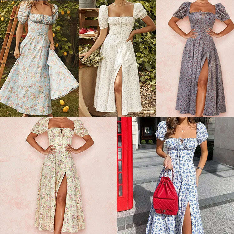 2023 Elegant French Floral Printed Half-Sleeve Maxi Dress Women's Sexy Backless Slim Halter Split Dresses A-Line Robe Vestidos - KIMLUD