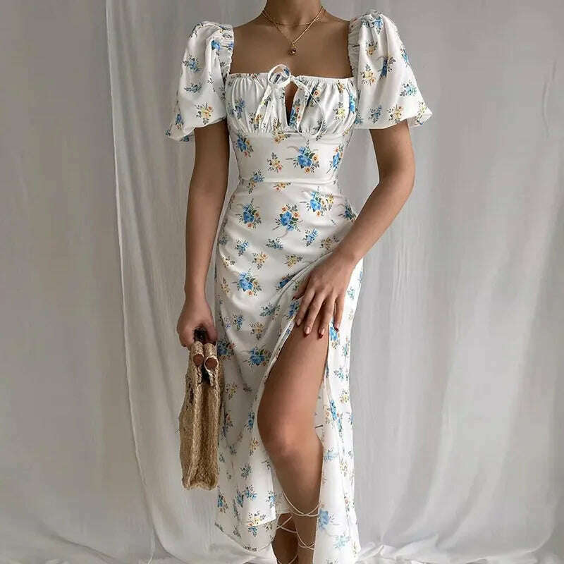 2023 Elegant French Floral Printed Half-Sleeve Maxi Dress Women's Sexy Backless Slim Halter Split Dresses A-Line Robe Vestidos - KIMLUD