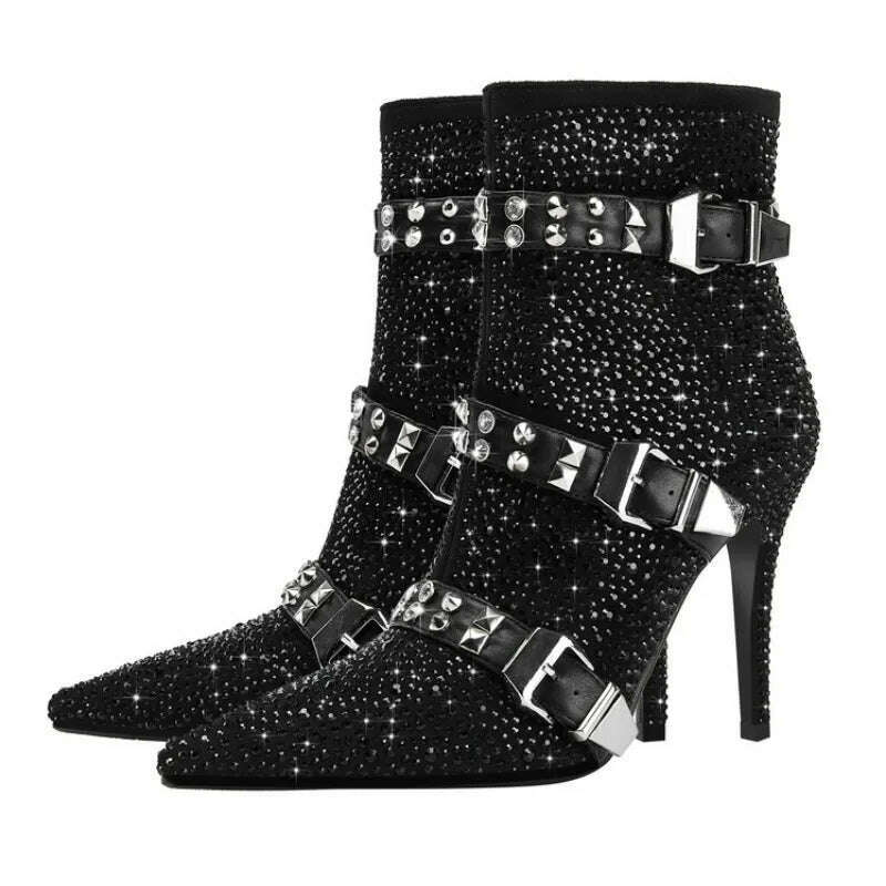 KIMLUD, 2023 European and American Fashion Rhinestone Rivet Belt Buckle Thin High Heel Side Zipper Banquet Show Women's Short Boots, KIMLUD Womens Clothes