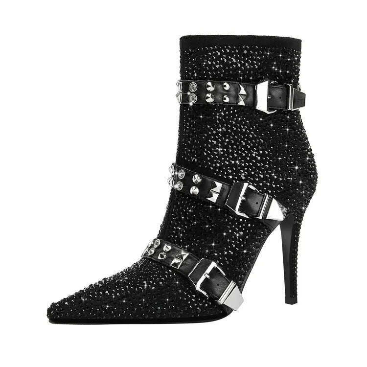 KIMLUD, 2023 European and American Fashion Rhinestone Rivet Belt Buckle Thin High Heel Side Zipper Banquet Show Women's Short Boots, KIMLUD Womens Clothes