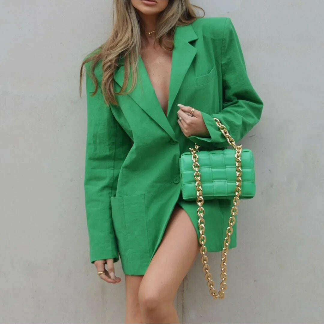 KIMLUD, 2023 Fashion Autumn Solid Shoulder Pads Blazer For Women Casual Long Sleeve Single-Breasted Loose Coat Tops Female Green Outwear, KIMLUD Womens Clothes