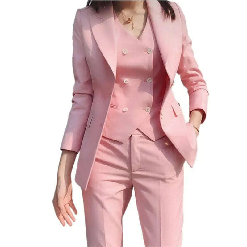 KIMLUD, 2023 Fashion New Ladies Business Solid Color Suits Trousers Waistcoat / Woman's Pink Commuter Blazers Jacket Pants Vest Set, KIMLUD Womens Clothes