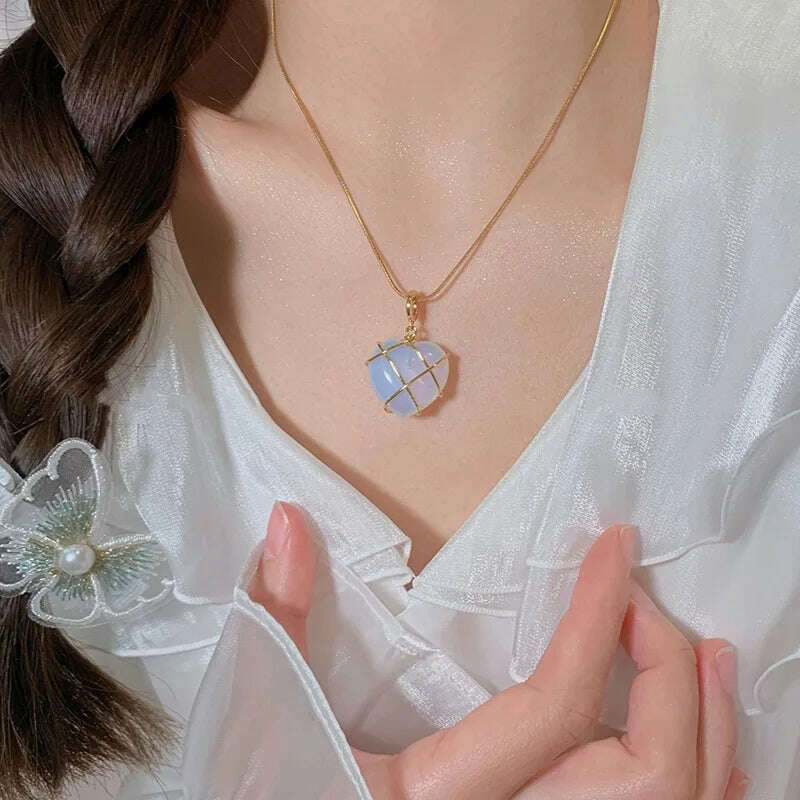 KIMLUD, 2023 Fashion Opal Heart Necklace Castle Necklace For Woman Girls Rose Quartz Princess Necklace Jewelry Accessories Gift, KIMLUD Womens Clothes