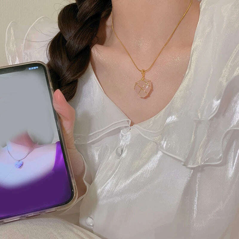 KIMLUD, 2023 Fashion Opal Heart Necklace Castle Necklace For Woman Girls Rose Quartz Princess Necklace Jewelry Accessories Gift, KIMLUD Womens Clothes