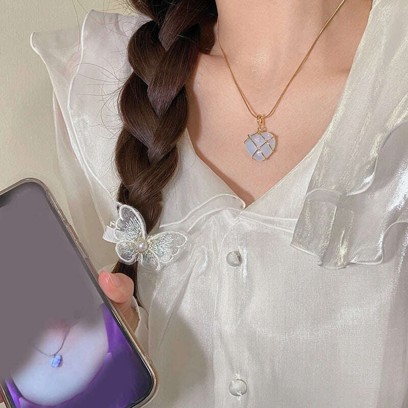 KIMLUD, 2023 Fashion Opal Heart Necklace Castle Necklace For Woman Girls Rose Quartz Princess Necklace Jewelry Accessories Gift, KIMLUD Womens Clothes