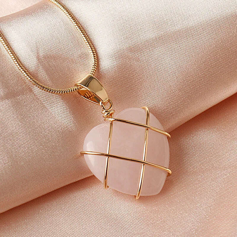 KIMLUD, 2023 Fashion Opal Heart Necklace Castle Necklace For Woman Girls Rose Quartz Princess Necklace Jewelry Accessories Gift, C1711-1, KIMLUD APPAREL - Womens Clothes